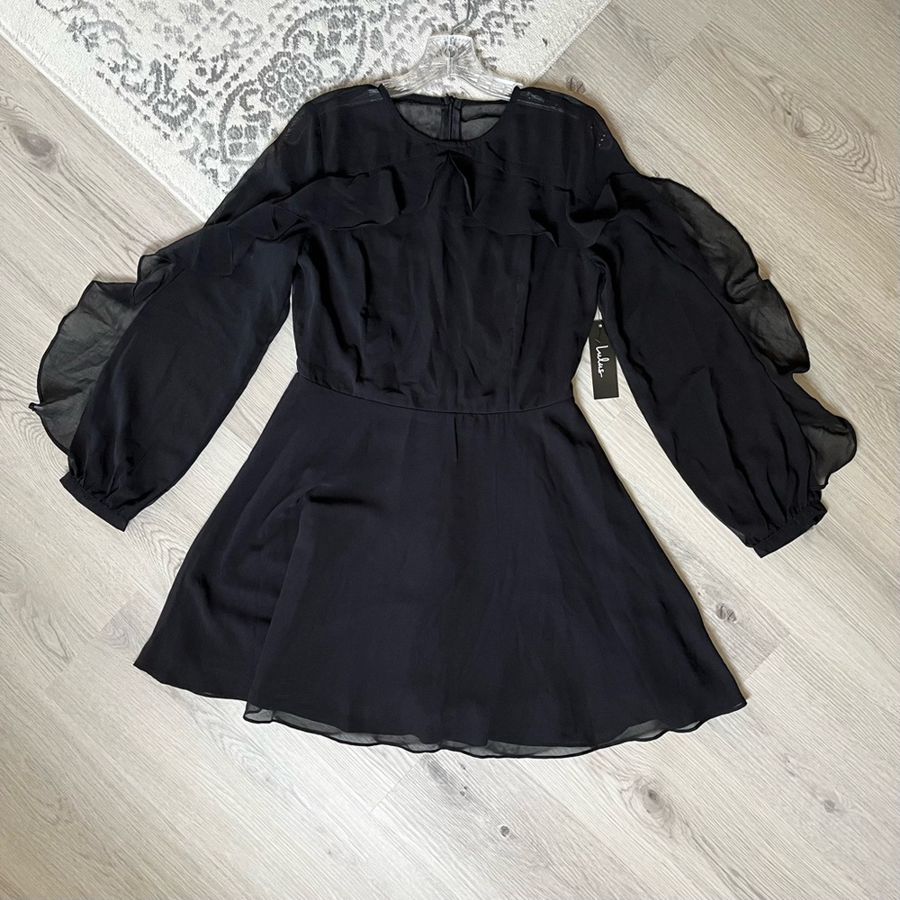 Lulu's NWT Longtime Love Black Long Sleeve Skater Dress Large Sheer Ruffle Goth - Picture 16 of 16